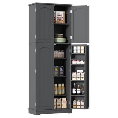 Yusong 64'' Kitchen Storage Cabinet, Tall Kitchen Pantry Storage Cabinet with Doors and Shelves, Food Pantry Cabinet Free Standing Pantry for Kitchen Dining Living Room, Grey - Image 1