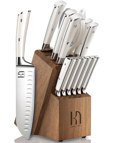 KnifeSaga Knife Set, Premium 15 Piece Japanese High Carbon Stainless Steel Knives Set for Kitchen with Block and Sharpener, Razor Sharp Kitchen Knife Block Sets with Ergonomic Full-tang Handle, White - Image 1
