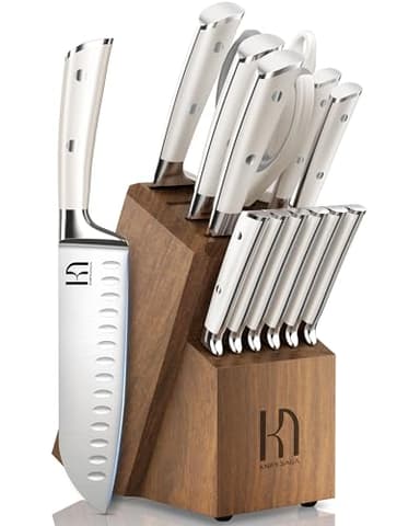 KnifeSaga Knife Set, Premium 15 Piece Japanese High Carbon Stainless Steel Knives Set for Kitchen with Block and Sharpener, Razor Sharp Kitchen Knife Block Sets with Ergonomic Full-tang Handle, White - Image 1