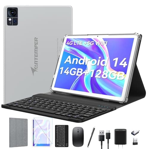 2025 Android 14 Tablet 10 inch,4G Cellular Tablets with 2 SIM 1 SD Slot,5G WiFi Android Tablet 128GB ROM +14GB RAM(1TBTF),3-in-1 tablte with Keyboard-8000mAh,Octa-core,1080FHD,13MP+8MP,GPS-Silvery - Image 1