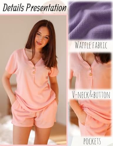 Ekouaer Womens 2 Piece Short Sets Waffle Knit Lounge Set Women's Pajama Set Summer Outfits V Neck and Shorts with Pockets Brown - Image 4