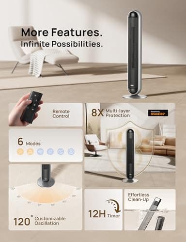Dreo Tower Fan and Heater Combo, 29.2ft/s Standing Fans for Bedroom, 17 Levels, 6 Modes, 120° Oscillation, 42 Inch, 12H Timer, 25dB Quiet, with Remote, for Office, Large Room, Silver - Image 7