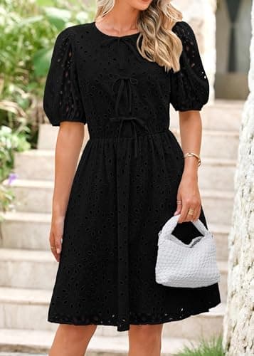 KIRUNDO Eyelet Summer Dresses for Women 2025 Short Sleeve Tie Front Babydoll A Line Wedding Guest Beach Vacation Sundress(Black, X-Large) - Image 8