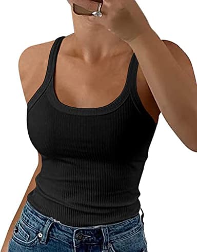 GEMBERA Women Spaghetti Strap Scoop Neck Ribbed Tank Tops Slim Fitted Cotton Camisole Basic Sleeveless Layering Shirts(3227 Black M) - Image 1