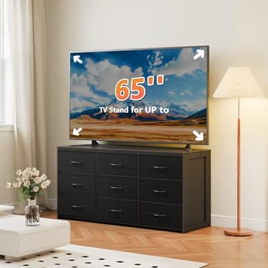 OURPIC Black Dresser for Bedroom, Long Dresser for Closet, 9 Drawer TV Stand for 65 Inch TV, 15.75” Deepth Fabric Drawer, Chest of Drawer Large Storage Organizer, Hallway Furniture, Wooden Top Side - Image 7