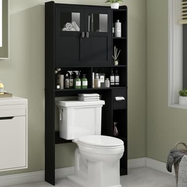 Vabches Over The Toilet Storage Cabinet, Bathroom Shelf Over Toilet with Glass Doors and Adjustable Shelves, Black Freestanding Home Space Save Toilet Rack, for Restroom, Bathroom, Laundry - Image 1