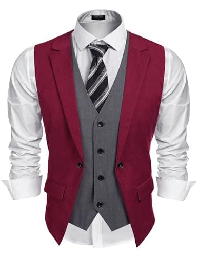 COOFANDY Men's Layered Suit Vest Business Dress Vests Formal Wedding Waistcoat Slim Fit Wine Red - Image 1