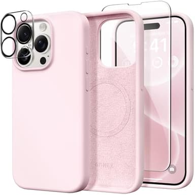 GONEZ Magnetic for iPhone 15 Pro Case, Compatible with MagSafe, [Screen Protector + Camera Lens Protector], Silicone Shockproof Anti-Scratch Protective Phone Case 6.1 inch, Chalk Pink - Image 1