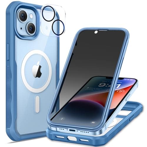 seacosmo for iPhone 14 Plus Case, Full Body Bumper with Built-in 9H Tempered Glass Privacy Screen and Camera Lens Protector, Compatible with MagSafe, Shockproof 14 Plus Phone Case, 6.7", Blue - Image 1