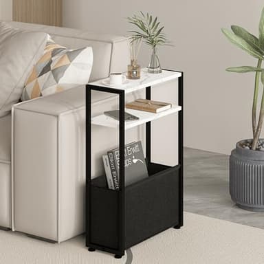 Leomonio Thin Side Table, Narrow Side Table with Fabric Basket, Narrow Table for Small Spaces, Thin Bedside Table for Living Room, Bedroom - Image 1
