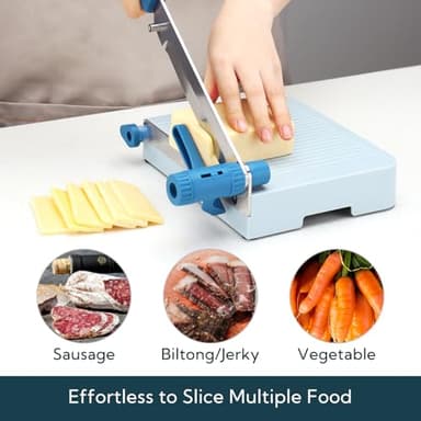 KITCHENDAO Multipurpose Cheese Slicer Cutter with Board for Arthritic and Weak Hands, Adjustable Thickness Dial for Block Cheese, Effortless Slicing, Guillotine Sausage Ham Biltong Jerky Slicer - Image 4