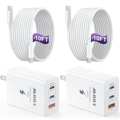 USB C Charger Block 100W, 3-Port GaN Super Fast Charger, Type C Wall Charger Adapter with 10ft USB C Charging Cable for MacBook Pro/Air,iPad Pro, iPhone 16/15Pro, S25/S24/S23 and More[2 Pack] - Image 1