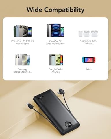 Portable Charger,Power Bank Built-in Cables and AC Wall Plug,VRURC USB C Portable Bank 10000mAh,Travel Essentials Phone Charger Compact Lightweight External Battery Pack for Smart Phones,Tablets-Black - Image 7