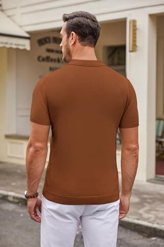 COOFANDY Mens Knit Polo Shirts Casual Short Sleeve Classic Polo Shirts Button Down Golf Shirts Caramel - Image 4