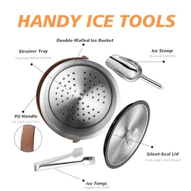 Bakpoco Double-Wall Vacuum Insulated Ice Bucket with Lid, Scoop, Ice Tong, Strainer & Leather Handle Keep Ice Frozen Longer Large Wine Ice Buckets for Cocktail Bar,Parties Chilling Beer Champagne 3L - Image 8