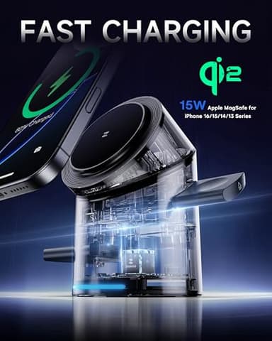 ZEEHOO 3 in 1 Charging Station for Apple Devices, Mag-Safe Charger Stand, Qi2 15W Auto-Rotating Wireless Charger for iPhone 17 16/15/14/13/12 Series& AirPods& iWatch(Black) - Image 2