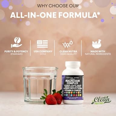 Clean Nutraceuticals Magnesium Complex with Magnesium Glycinate Citrate Malate Oxide Taurate Aspartate Orotate & Mag Chloride, Zinc Copper Manganese & Vitamin C B1 B2 B6 B12 Complex - 1Pack - Image 8