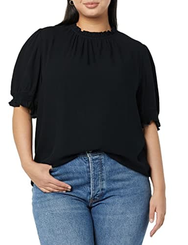 Amazon Essentials Women's Fluid Twill Short Puff Sleeve Smock Detail Shirt, Black, Medium - Image 3