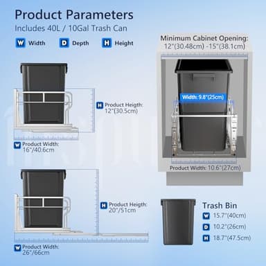 Insputer 40 QT 10 Gal Pull Out Trash Can Under Cabinet, Heavy Duty Under Sink Garbage Can Kit with Soft-Close Slides for Kitchen, Laundry, Requires Minimum Cabinets Opening 12" W X 18" D - Image 3