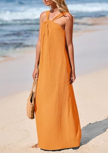 PRETTYGARDEN Womens 2025 Casual Long Summer Dresses Sleeveless Strappy Loose Flowy Beach Vacation Maxi Dress with Pockets (Orange Yellow,X-Large) - Image 4