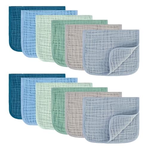 MIGIOL Muslin Burp Cloths 100% Cotton Pack of 12. Soft, Gentle & Absorbent Baby Burp Cloths for Baby Girl & Boys.(Blue & Green 12 Pieces)