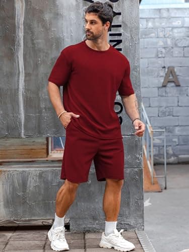 Babioboa Men's Sweatsuit Short Sleeve T Shirt Suit Summer Tee Short Sets Waffle Comfy Casual Sets for men - Image 2