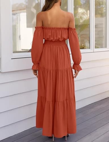 ZESICA Women's 2024 Boho Sexy Off Shoulder Long Sleeve Smocked High Waist Side Split Flowy A Line Tiered Long Maxi Dress,Rust,X-Large - Image 4