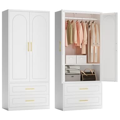 Polup Metal Armoire Wardrobe Closet witih Two Drawers, 71" Tall Large Wardrobe Cabinet with Hanging Rod, Clothing Storage Cabinet with Doors and Shelves for Bedroom, White, Assemble Required - Image 1