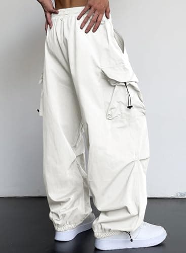 JMIERR Men's Casual Lounge Travel Parachute Pants Wide Leg Trousers Beam Feet Harem Baggy Sweatpants Cargo Pants for Fall Essentials Clothes Trendy Street Wear,L,Snow White - Image 2