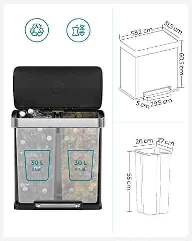 SONGMICS Kitchen Trash Can, 16 Gallon (2 x 8 Gallon) Dual Compartment Garbage Can, 60L Pedal Recycling Bin, Stays Open and Soft Close, Stainless Steel, 15 Bags Included, Metallic Silver ULTB202E01 - Image 3