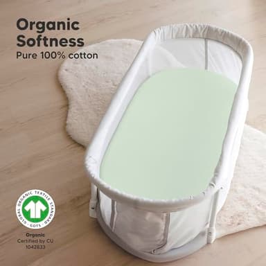 2-Pack Organic Bassinet Sheets for Girls, Boys - 100% Cotton Bassinet Mattress Sheets Compatible with Halo Bassinest Swivel Sleeper, Graco, Baby Delight, Chicco, Unisex Fitted Bassinet Sheets (Sage) - Image 2
