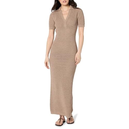 The Drop Women’s Adalyn Tape Yarn Split-Neck Maxi Dress, Mushroom, M - Image 1