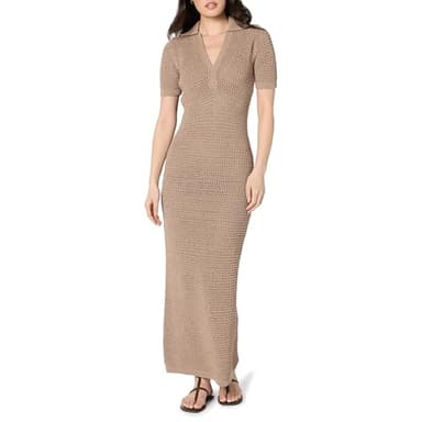 The Drop Women’s Adalyn Tape Yarn Split-Neck Maxi Dress, Mushroom, M - Image 1