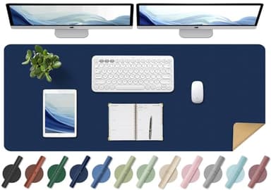 BLESWIN Large Desk Pad Mat 47.2"" x 17"", Office Desk Mat, Non-Slip PU Leather & Cork Desk Blotter for Keyboard and Mouse, Large Desk Mat, Large Mouse Pad for Office & Home(Dark Blue) - Image 1