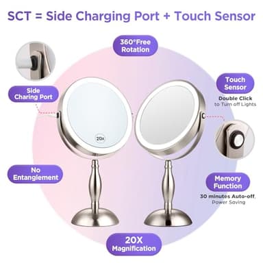 20x Magnifying Mirror with Light, Lighted Makeup Mirror with 3 Color Modes and Adjustable Brightness, Side Charging Port & SideTouch Sensor, 360° Rotation Double Sided Standing Mirror-Brushed Nickel - Image 3