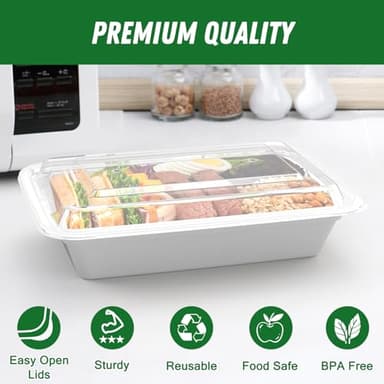 50 Pack (100-Piece) 32 oz Meal Prep Containers Reusable with Easy Open Lids, Sturdy Leakproof Food Safe, Microwave Freezer Dishwasher Safe, To Go Take Out Plastic Food Storage Pans with Lids, Silver - Image 3