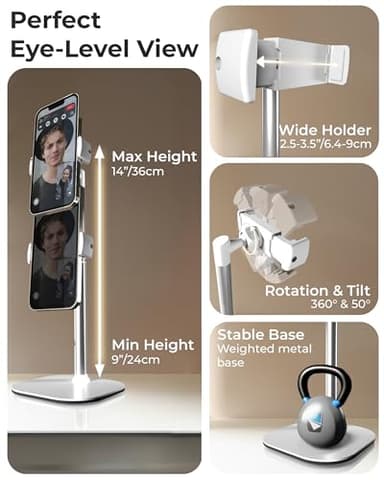 COOPER ChatStand - Height Adjustable Cell Phone Stand for Desk | Rotating, Tilting, 9-14" Telescoping Eye-Level View Cell Phone Holder for Desk (Frost White, 2-Pack) - Image 3