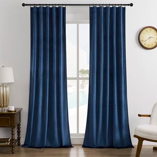 Timeper Navy Blue Pleat Back Tab Velvet Curtains W42 x L96 inches 2 Panels, Blackout Solid Home Decor Curtains for Bedroom Living Dining Room Thermal Insulated Luxury Super Soft Window Drapes - Image 1