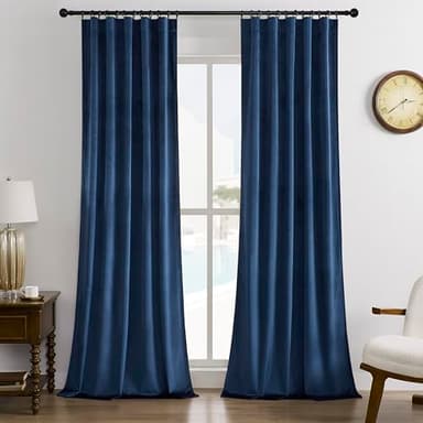 Timeper Navy Blue Pleat Back Tab Velvet Curtains W42 x L96 inches 2 Panels, Blackout Solid Home Decor Curtains for Bedroom Living Dining Room Thermal Insulated Luxury Super Soft Window Drapes - Image 1
