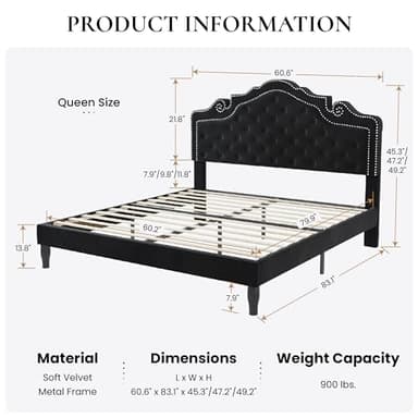SHA CERLIN Queen Bed Frame with Adjustable Headboard/Velvet Upholstered/Diamond Button Tufted and Metal Studs/No Box Spring Needed/Wood Slat Support/Easy Assembly/Black - Image 2