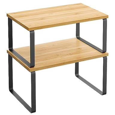 SONGMICS Cabinet Organizer Shelf, Set of 2 Kitchen Counter Shelves, Kitchen Storage, Spice Rack, Stackable, Expandable, Metal and Engineered Wood, Ink Black and Natural Beige UKCS02NB - Image 1