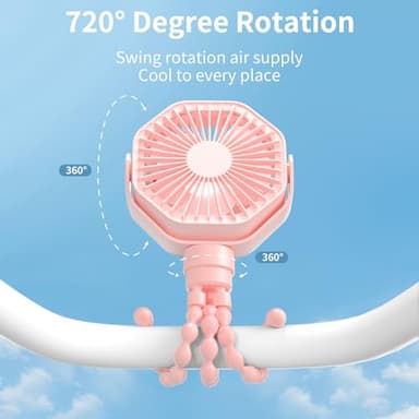 Lerat Portable Stroller Fan with Flexible Tripod, 3 Speeds Rechargeable Handheld Personal Fan, 360°Rotate Battery Operated Clip On Fan for Car Seat Crib Bike Treadmill Pink - Image 2