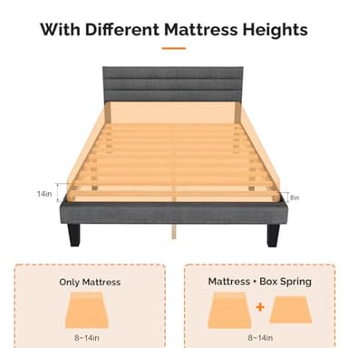 VINGLI Platform Bed Frame Queen Size with Linen Fabric Headboard,Modern Panel Low Profile Bed with Upholstered & Sturdy Slats Support for Bedroom, Mattress Foundation, Dark Gray - Image 6
