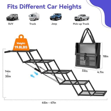 Pawaboo Extra Wide Dog Stairs for Car, Foldable Dog Ramps for Car with Non Slip Surface & Reflective Tape, Heavy Duty Dog Steps for Cars, SUV, Truck, 400lbs Capacity, 14"-35" Adjustable Height - Image 6