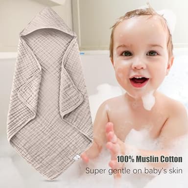 Spotted Play 2 Pack Hooded Baby Towels - 100% Muslin Cotton for Newborns, Infants, Toddlers - Large 32x32 Inch Size - Highly Absorbent and Essential for Newborn Care, Light Bean Paste - Image 2