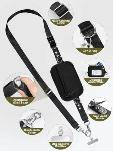 Tiostep Clip and Go Strap for Phone with Wallet Crossbody Phone Lanyard Adjustable and Detachable RFID Wristlet Wallet with ID Window and Zipper, Black - Image 4