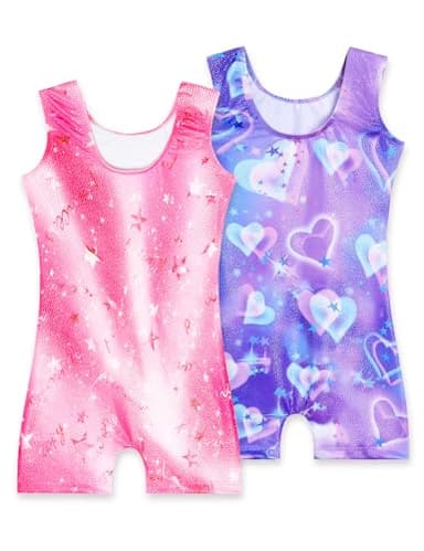 Nokecina Girls Gymnastics Leotards 2 Pack Size 4t 5t Purple Hearts Unitards Bodysuits Pink Stars Sparkly Biketard - Image 2