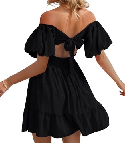Phortric Womens Tie Back Summer Dress Square Neck Short Sleeve Off Shoulder A-Line Casual Mini Dresses(Black,X-Small) - Image 1