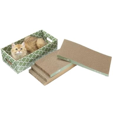 MECOOL Cat Scratching Board，5PC Cat Scratch Pad with Box，Reversible Corrugated Cat Scratcher Cardboard and Lounge Bed for Indoor Cats, Catnip - Image 1