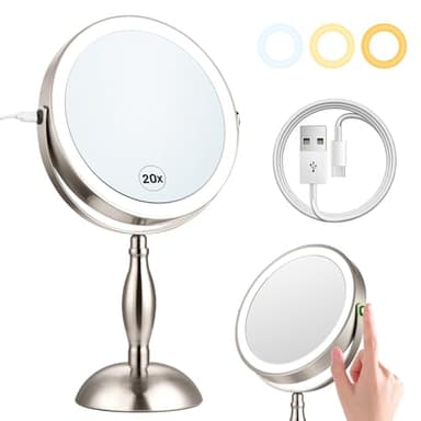 20x Magnifying Mirror with Light, Lighted Makeup Mirror with 3 Color Modes and Adjustable Brightness, Side Charging Port & SideTouch Sensor, 360° Rotation Double Sided Standing Mirror-Brushed Nickel - Image 1